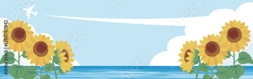 バナー　web　広告　夏　向日葵　ひまわり　海　空　フレーム　テンプレート　背景　デザイン　イラスト