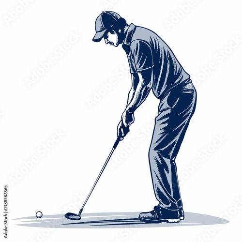 Create a bold vector illustration of a golfer meticulously lining up a putt on a green, emphasizing strong outlines and impactful visual weight.