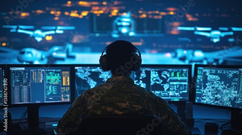 Soldier Monitoring Screens with Planes for Military Surveillance Operations at Night