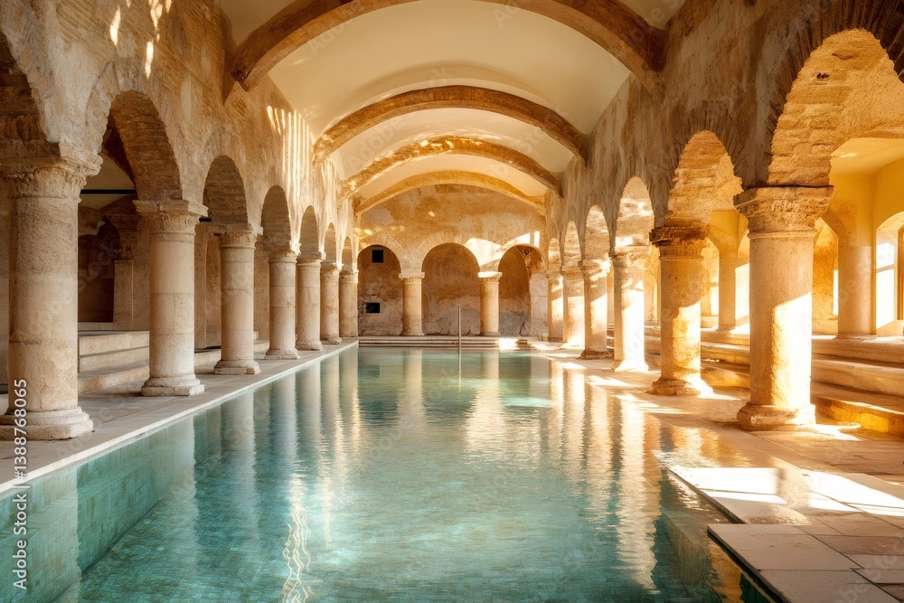 Obraz premium Warm sunlight illuminating ancient roman bath with columns and arches