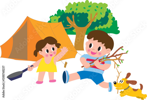 キャンプで薪を集める子供たちと犬
