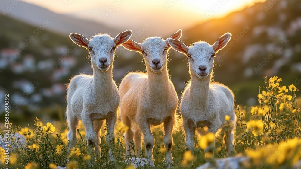 Three young goats stand in a field with sunset lighting Three young goats stand in a field with sunset lighting