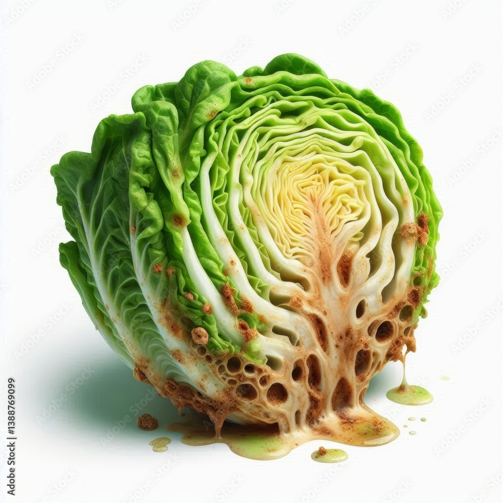 Obraz premium Decomposing lettuce heart displaying decay process on a white backdrop