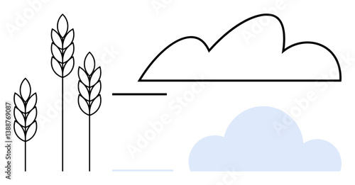 Wheat stems with outlined and shaded clouds evoke growth, sustainability, and natural cycles. Ideal for agriculture, farming, harvest, climate, sustainability nature and food. Minimal flat simple