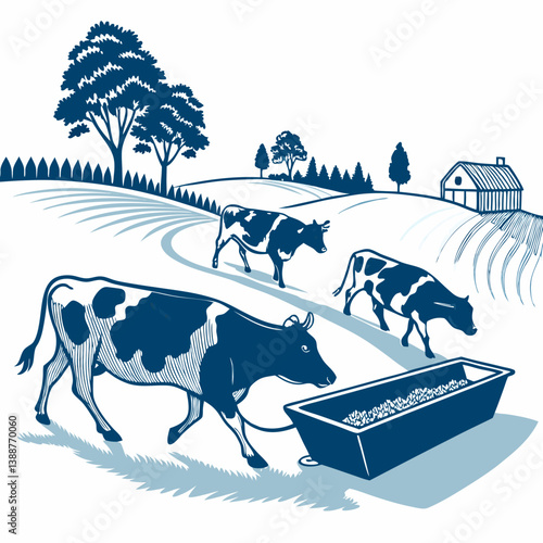 Create a bold, vector illustration of a herd of cows walking, featuring thick black outlines and strong silhouettes.  Focus on dynamic movement.