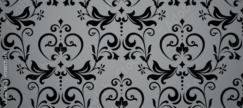Wallpaper in the style of Baroque. Gray and black floral ornament. Seamless vector background. Graphic pattern for fabric, wallpaper, packaging. Ornate Damask flower illustration