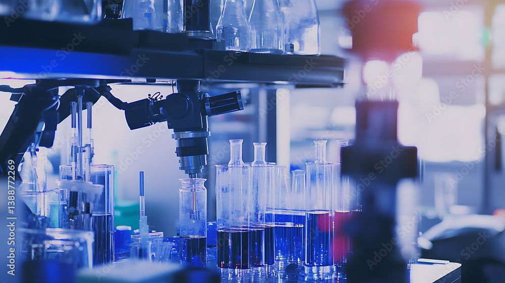 A mechanical arm in a high tech polymer research facility, surrounded by polymer synthesis equipment, molecular analysis tools