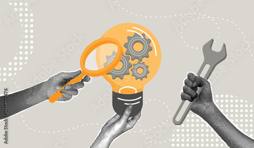 Trendy halftone collage. Innovation and problem solving, creativity. New business product launch concept, product development, process optimization, performance concept.