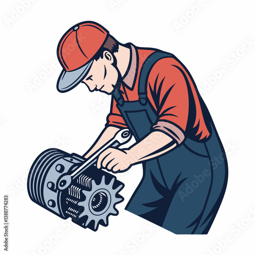 Create a bold vector illustration of a mechanic confidently using a specialized tool, FE1, for car repair.  Show strong lines and impactful design.
