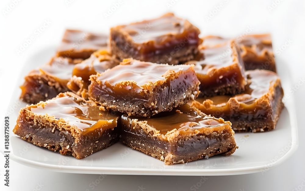 Sweet caramel slice squares with a crumbly base on a white plate. Rich, gooey, and delicious treats. Sweet caramel slice squares with a crumbly base on a white plate. Rich, gooey, and delicious treats.
