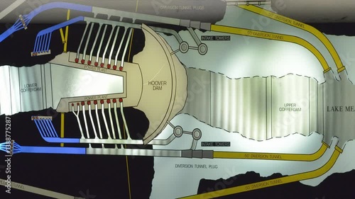 This colorful depiction details the inner workings of Hoover Dam, showcasing water flow, energy generation, and the connection between Lake Mead and the dam's structure.