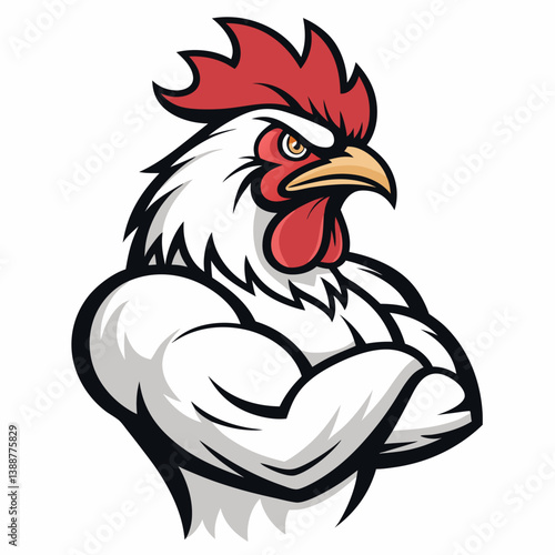 Create a bold, vector illustration of a muscular rooster, emphasizing strong lines and defined muscles.  Include detailed feather texture.