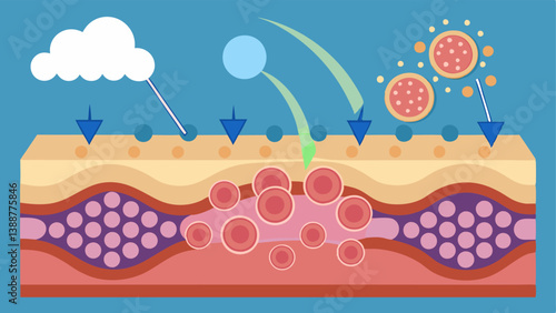 NanoExfoliation Action A dynamic illustration depicting nanotechnology particles being absorbed into the skin with arrows illustrating the exfoliating process at a microscopic
