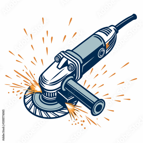 Create a bold vector illustration of an angle grinder, emphasizing strong lines and thick strokes.  Include detailed mechanical elements.