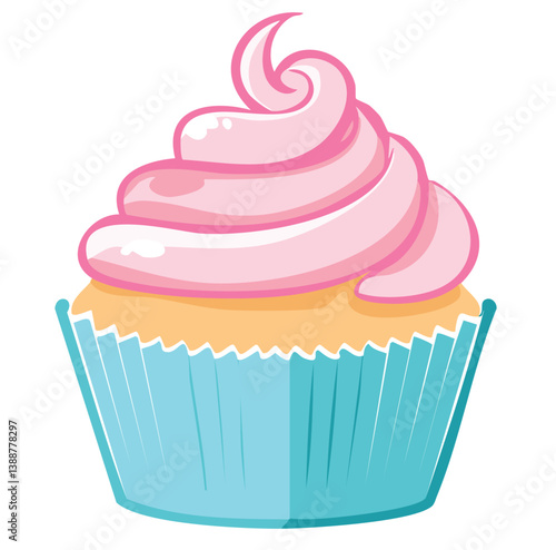 Vector Kawaii Cupcake Illustration with Light Blue Wrapper, Pink Frosting, and Heart Topper in Soft Gradient Style