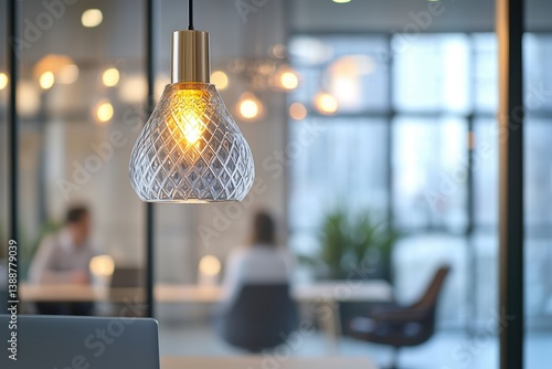 A stylish pendant light illuminates a modern workspace, featuring blurred figures engaged in conversation in a contemporary setting.