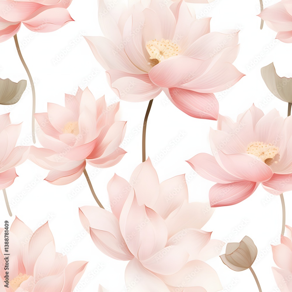 Naklejka premium Seamless pattern of soft pink lotus flowers nature digital art minimalist design tranquil environment