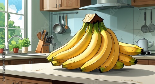A bunch of bananas resting on a kitchen counter healthy food anime cartoon style illustration artwork design background