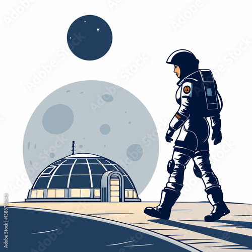 Create a vector illustration of a bold-stroked astronaut walking on a desolate planet surface.  Ensure strong lines and a minimalist style.