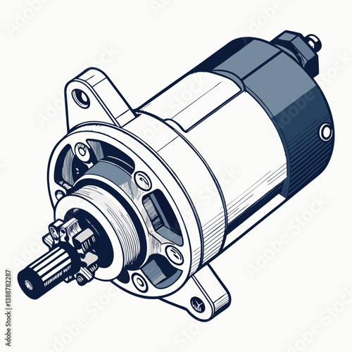 Create a bold, vector illustration of an electric starter motor, emphasizing its mechanical components with thick, defined strokes.  Focus on clean lines and high contrast.