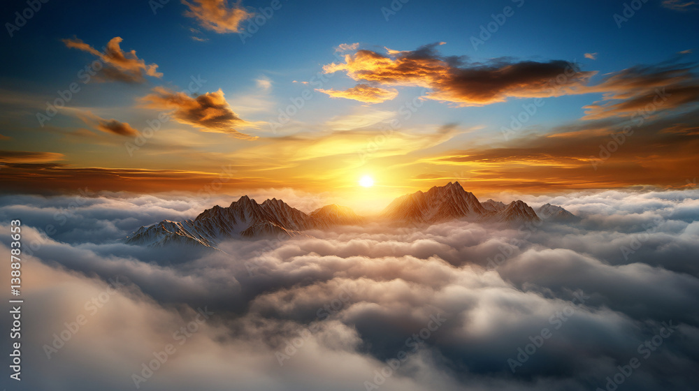 breathtaking sunset over floating mountains surrounded by sea of clouds creates surreal dreamscape. vibrant colors and dramatic sky evoke sense of wonder and tranquility breathtaking sunset over floating mountains surrounded by sea of clouds creates surreal dreamscape. vibrant colors and dramatic sky evoke sense of wonder and tranquility
