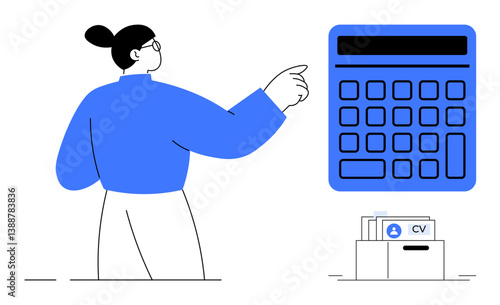 Person gestures at oversized calculator beside CV files, symbolizing hiring, finance, and decision-making. Ideal for HR, recruitment, finance, planning education management budgeting. Flat simple