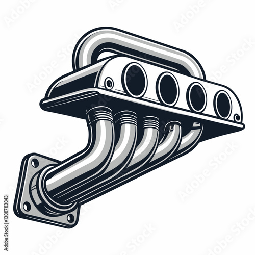 Create a bold, vector illustration of a performance car exhaust system, emphasizing thick, strong lines and metallic sheen.