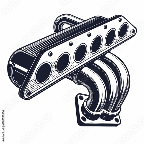 Create a bold, vector illustration of a performance car exhaust system with thick, black strokes.  Show intricate details and metallic sheen.