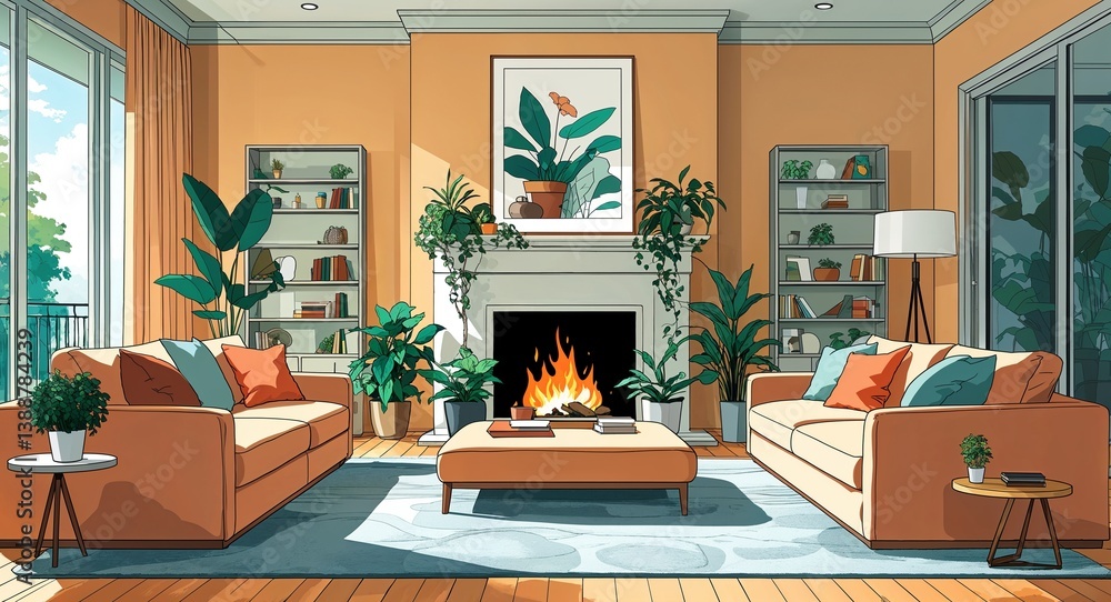 Fototapeta premium Large living room with soft sofas and a fireplace decorated with plants anime cartoon style illustration artwork design background