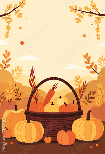 Autumn harvest basket with pumpkins and carrot illustration