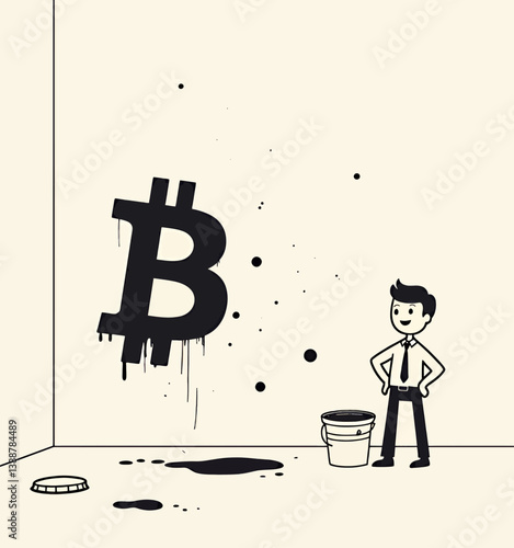 Bitcoin graffiti art with cartoon man and paint bucket