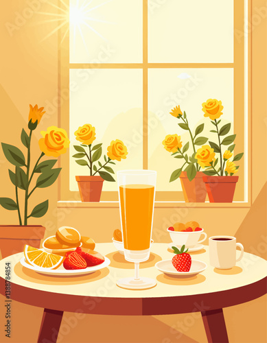 Bright Breakfast Still Life with Roses by Window