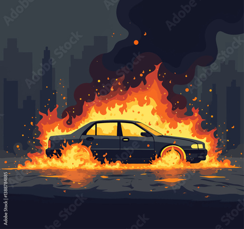 Burning car in city with smoke and flames