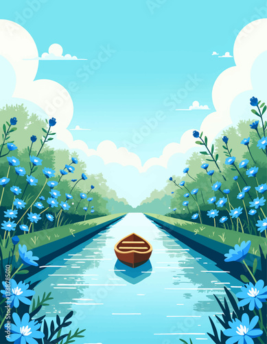 Cartoon boat on canal with blue flax flowers and cloudy sky