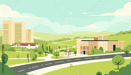 Campus Buildings with Green Hills and Sky