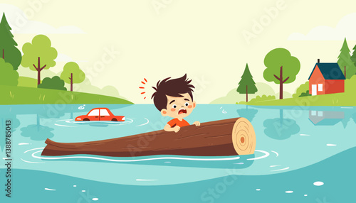 Cartoon Boy Afloat on Log During a Flood Disaster