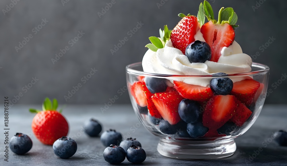 Freshly made dessert with strawberries and blueberries layered in whipped cream Freshly made dessert with strawberries and blueberries layered in whipped cream