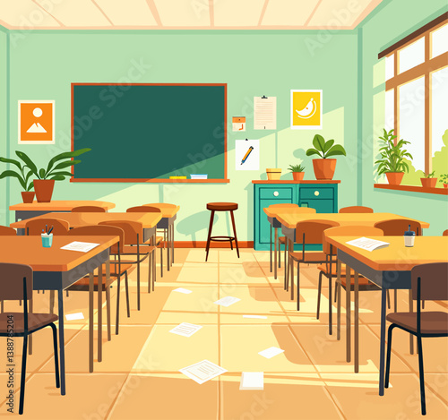 Cartoon classroom with desks, blackboard, and scattered papers