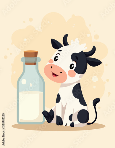 Cartoon Cow with Milk Bottle Still Life