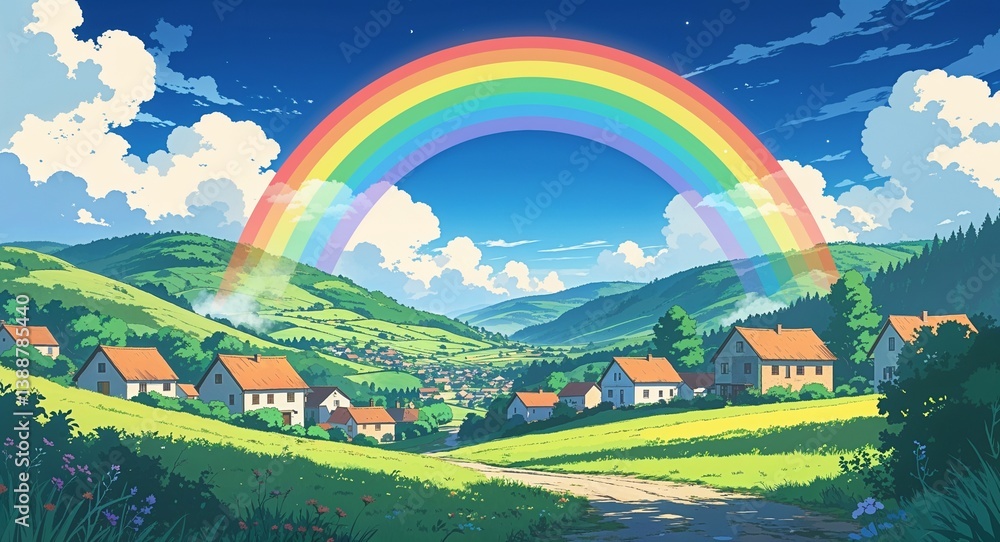 Obraz premium Rainbow above a quiet village with rolling hills anime cartoon style illustration artwork design background