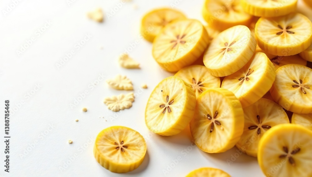 Dehydrated banana slices, golden brown, scattered on white , natural food, vegan Dehydrated banana slices, golden brown, scattered on white , natural food, vegan