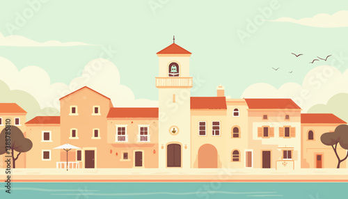 Cartoon Mediterranean Town with Bell Tower and Teal Water