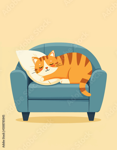 Cartoon orange tabby cat sleeping on blue armchair