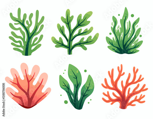 Cartoon seaweed and coral set on white background