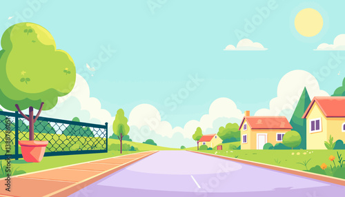 Cartoon suburban street with houses and sunny sky