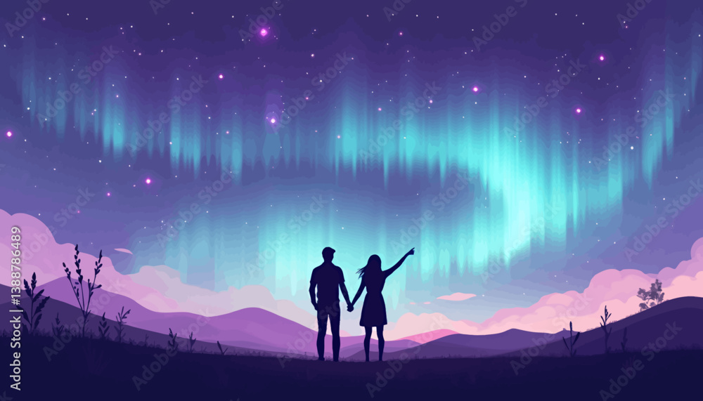 Fototapeta premium Couple Gazing at Aurora Borealis, Night Sky Art