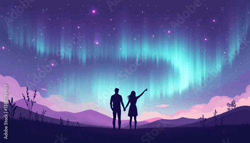 Couple Gazing at Aurora Borealis, Night Sky Art