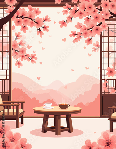 Cozy cherry blossom tea room with mountain view
