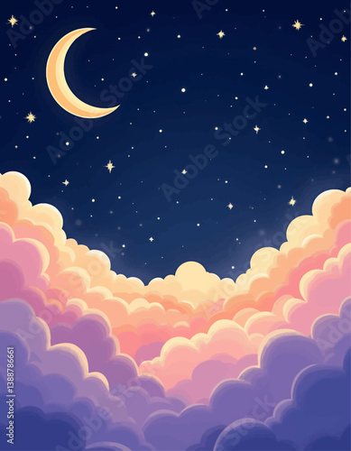 Crescent moon over pastel clouds and starry night sky