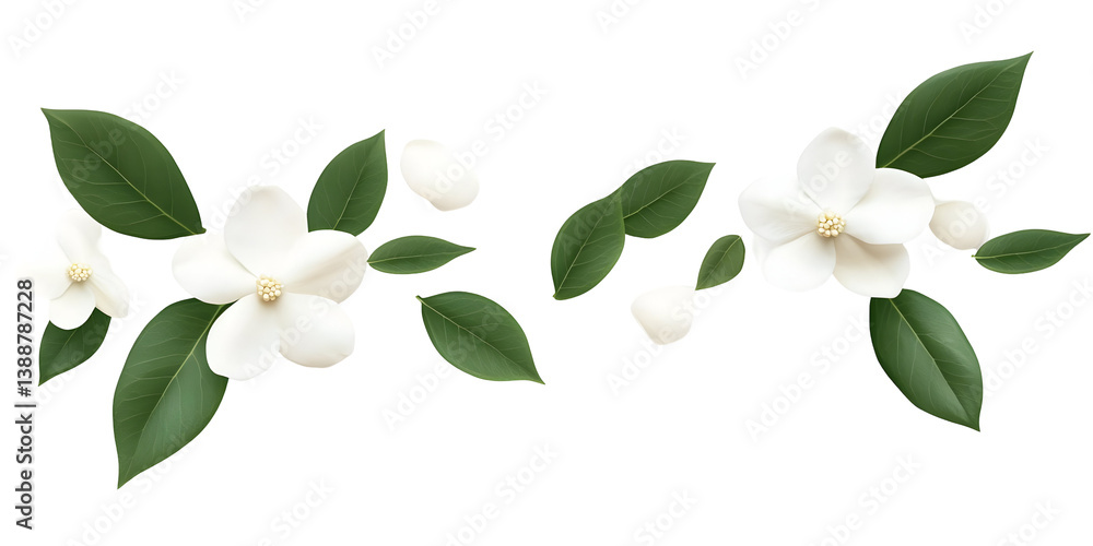 Naklejka premium Realistic Isolated White Flowers And Green Leaves Illustration With Transparent Background